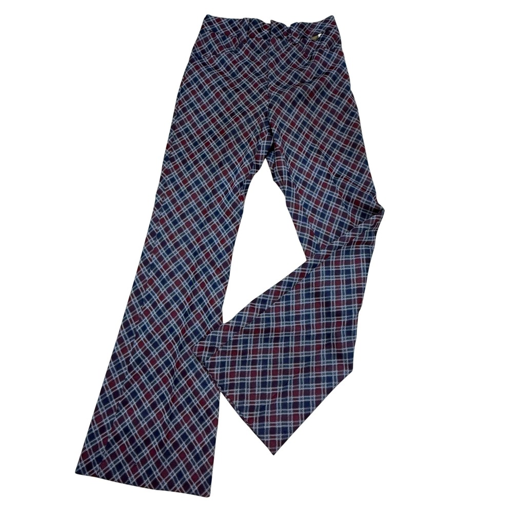 Vintage Mr Wrangler 70s Plaid Flare Cuffed Knit Pants Navy Burgundy 29x32 USA